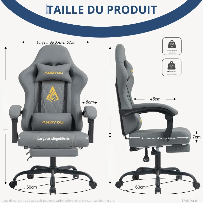 Fauteuil gamer avec repose-pieds, coussin cervical et lombaire doux, coussins de soutien amovibles, 60x60x122 cm, Gris