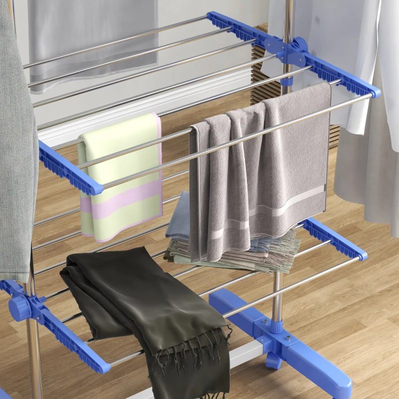 HOMCOM Opvouwbare Wasrek met 5 niveaus, One-Klick-Systeem, 142 cm x 55 cm x 172 cm, Blauw + Zilver