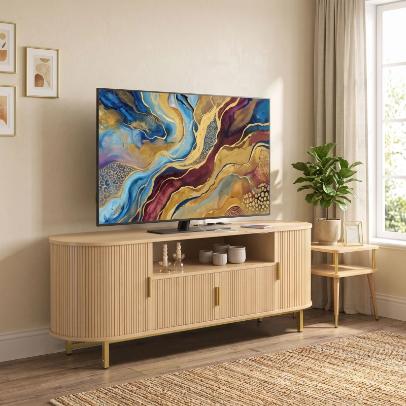 HOMCOM Comodă TV 140 cm cu 2 prize și 2 porturi, Comodă pentru 213,4 cm, 2 uși batante, 2 uși glisante, stejar