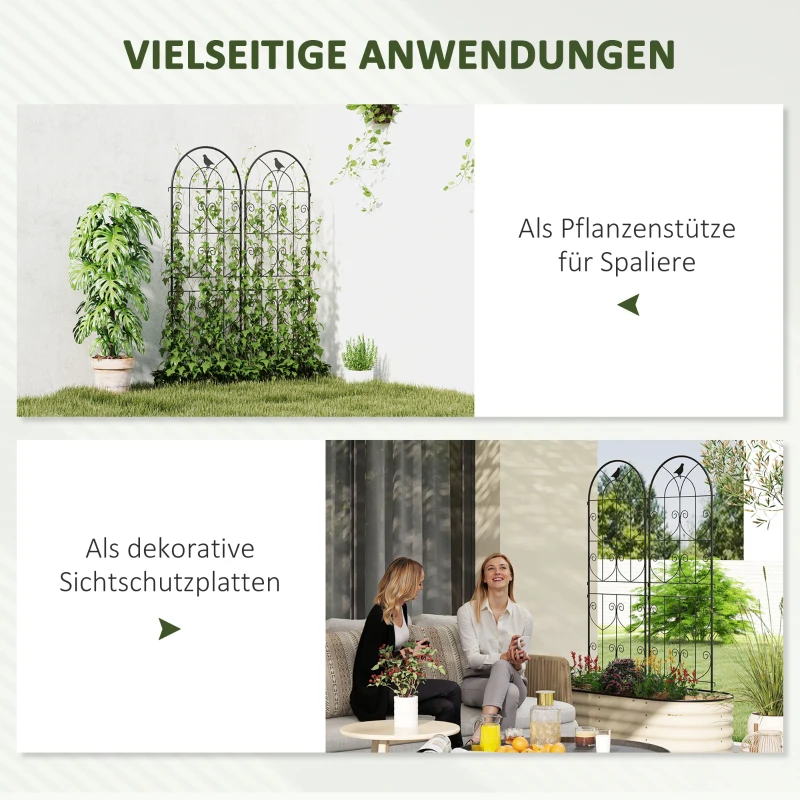 Outsunny Spalier voor klimplanten met vogels, set van 2, tuingaas voor groenten, druivenranken, bloemen, metaal, 50 x 150 cm, zwart