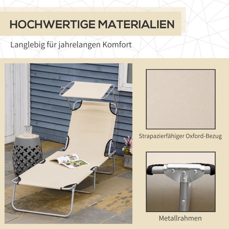 Outsunny Klapbare ligstoel met zonnescherm, verstelbare rugleuning, metalen frame, 187 x 58 x 36 cm, beige
