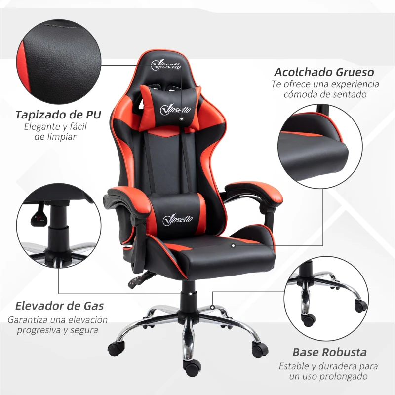 Vinsetto Silla Gaming Silla Racing Giratoria con Altura Ajustable Reclinable de 135° y Cojín Lumbar 63x67x122-130 cm Rojo