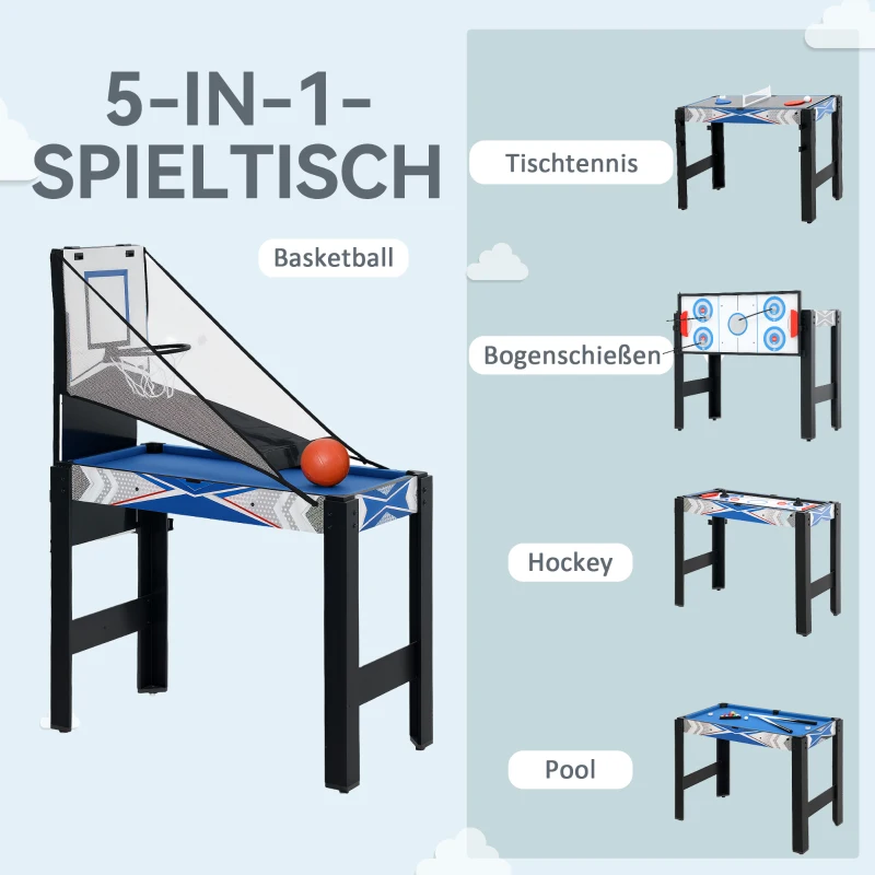 SPORTNOW 5-in-1 Speeltafel, Biljart, Tafeltennis, Hockey, Basketbal, Boogschieten, Inclusief Accessoires, MDF, Kunststof, Blauw(m-4)