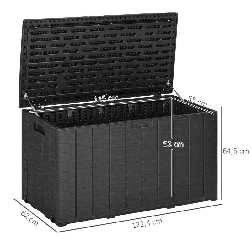 Outsunny Baúl de Exterior 366L Arcón para Jardín de Plástico de Doble Pared con Ruedas y Asas 122,4x62x64,5 cm Negro