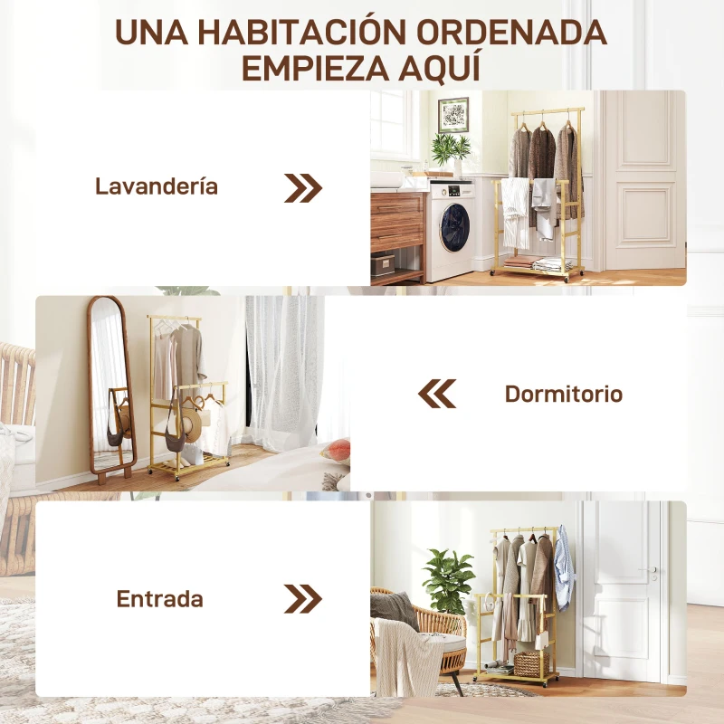 HOMCOM Perchero Colgador de Ropa de Bambú con Ruedas Estante para Zapatos 2 Barras para Colgar 80x40x160 cm Natural