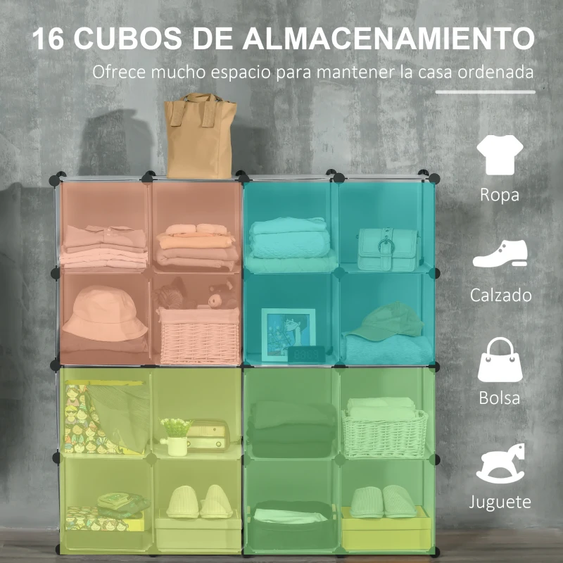 HOMCOM Armario Modular de Plástico Zapatero Organizador con 16 Cubos para Entrada Pasillo Dormitorio 125x32x125 cm Transparente