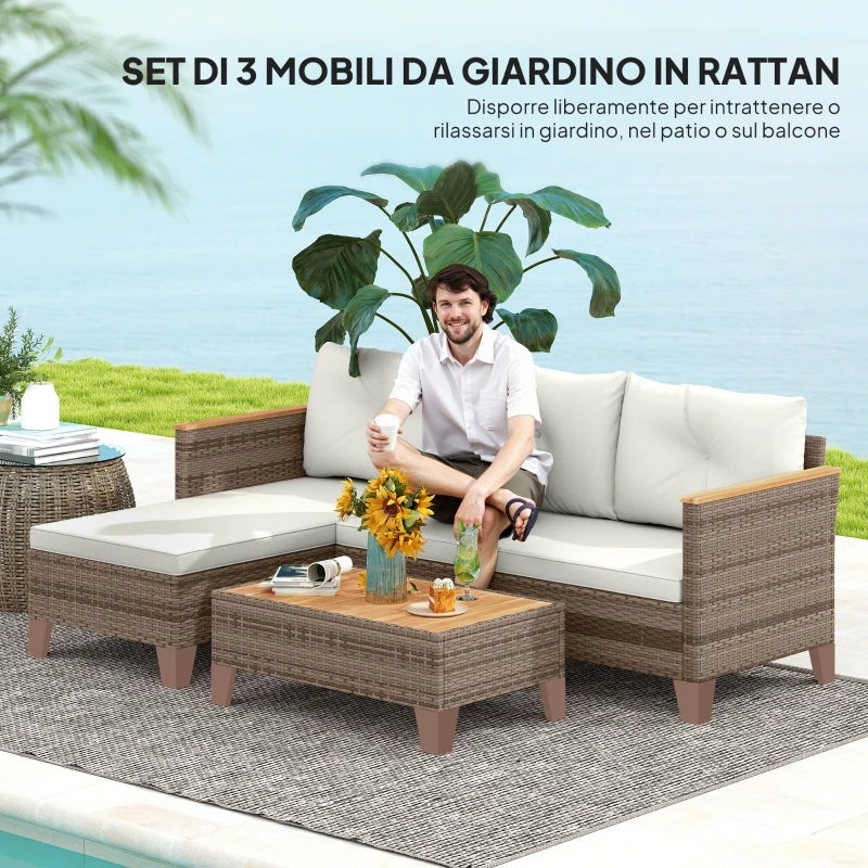Outsunny Salotto da Giardino in Rattan PE con Divano 2 Posti, Chaise Longue e Tavolino da Caffè, Crema