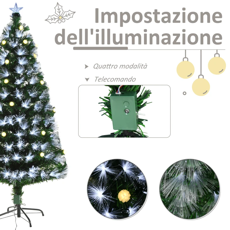 HOMCOM Albero di Natale Artificiale 150cm con Luci Incorporate e 180 Rami, Albero di Natale con Luci a LED e Fibre Ottiche, Base Pieghevole Rimovibile