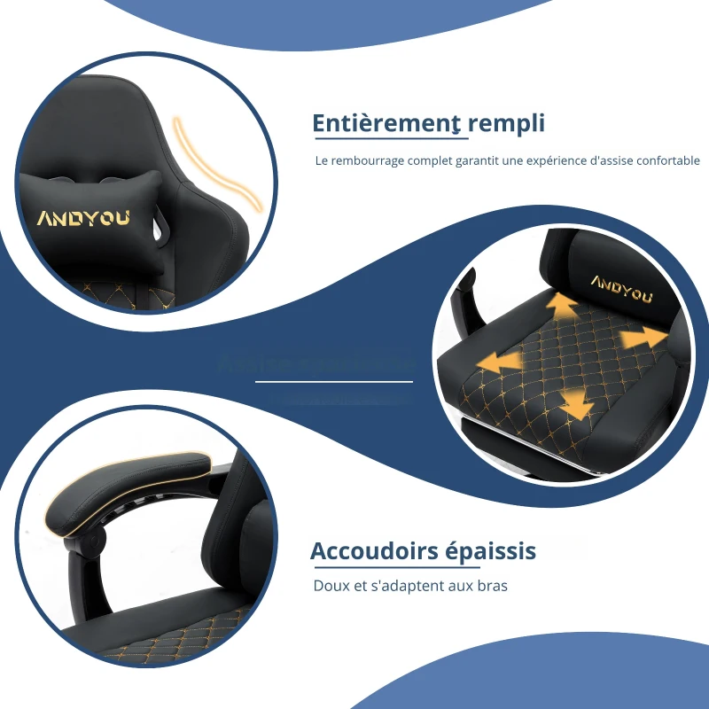 Fauteuil gamer avec repose-pieds, coussin doux pour la nuque et les lombaires, coussin de soutien amovible, 60x60x122 cm, Noir