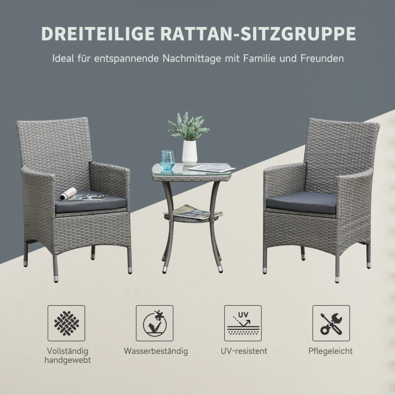 Outsunny 3-delige tuinzitgroep Zitset met bijzettafel poly-rotan staal grijs