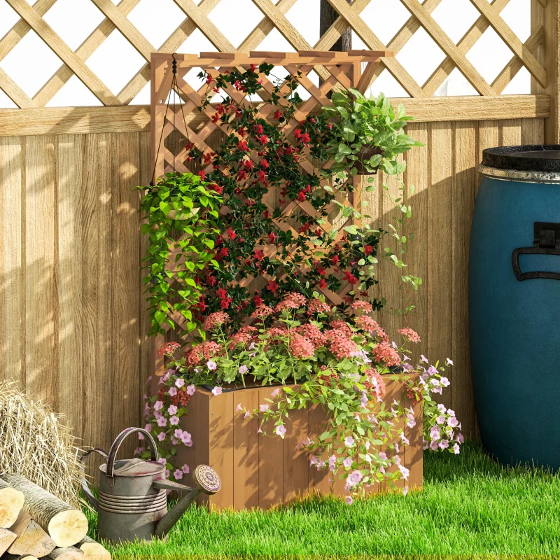 Outsunny Verhoogd Bloembed Plantenbak met Klimrek, Spalier Plantenbak Bloembak Hout, Tuinspalier 64 x 33 x 122cm Natuurlijk Hout