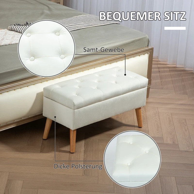 HOMCOM Gestoffeerde Bank met Opbergruimte, Fluweelachtige Stofbekleding, Houten Poten, Voor Woonkamer, Slaapkamer, Hal, 80 x 35 x 42 cm, Wit
