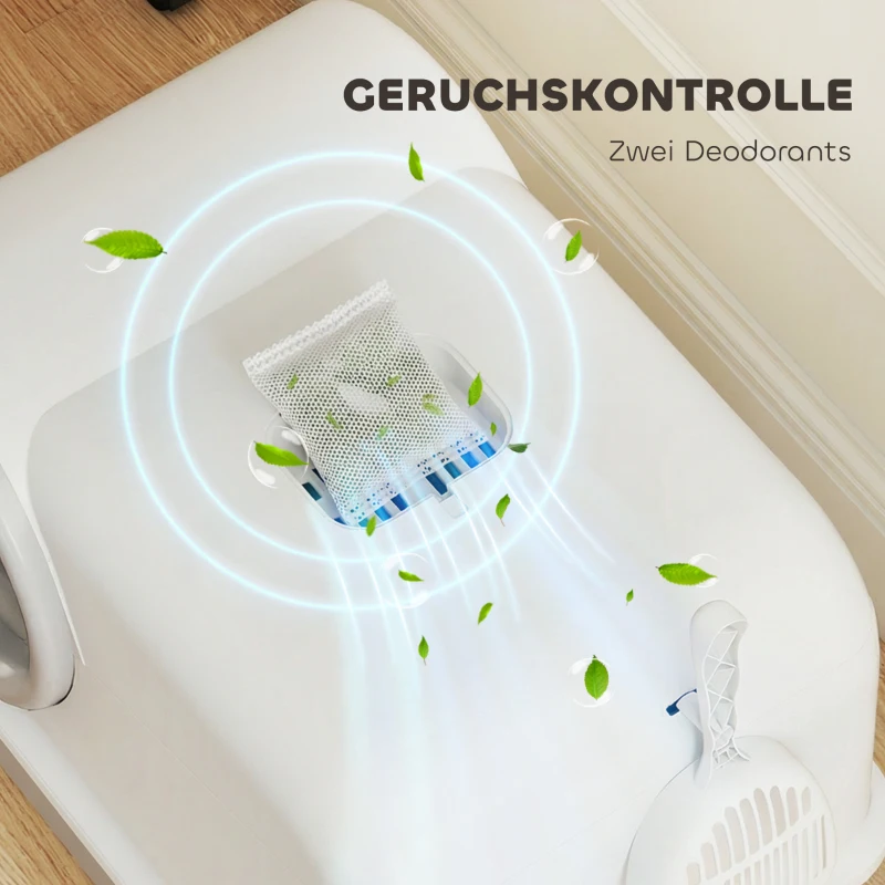 PawHut Kattenbak met deksel schep uittrekbare bak 2 actieve koolfilters voor katten tot 5 kg 59x39,5x39,5cm Wit+Grijs