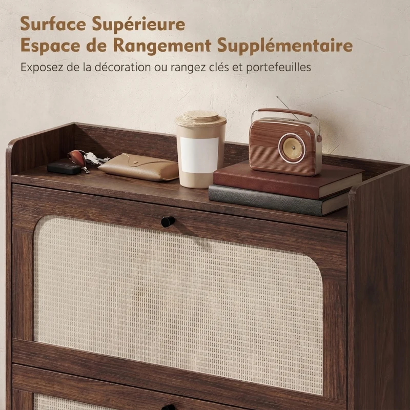 HOMCOM Meuble à Chaussures 16 Paires, 2 Tiroirs, Portes en Rotin et Étagères Réglables, 80x23,7x99,5cm, Marron Foncé
