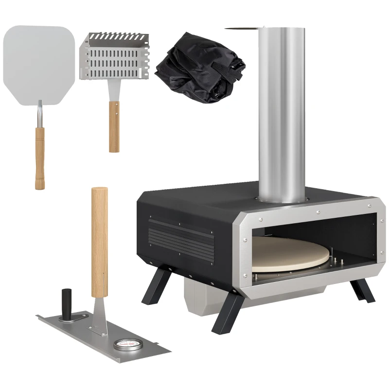 Outsunny Portable Wood Pellet Pizza Oven with 12" / 30cm Rotating Pizza Stone, Peel and Cover, Wood Fired Pizza Maker with Thermometer for Outdoor Garden Cooking