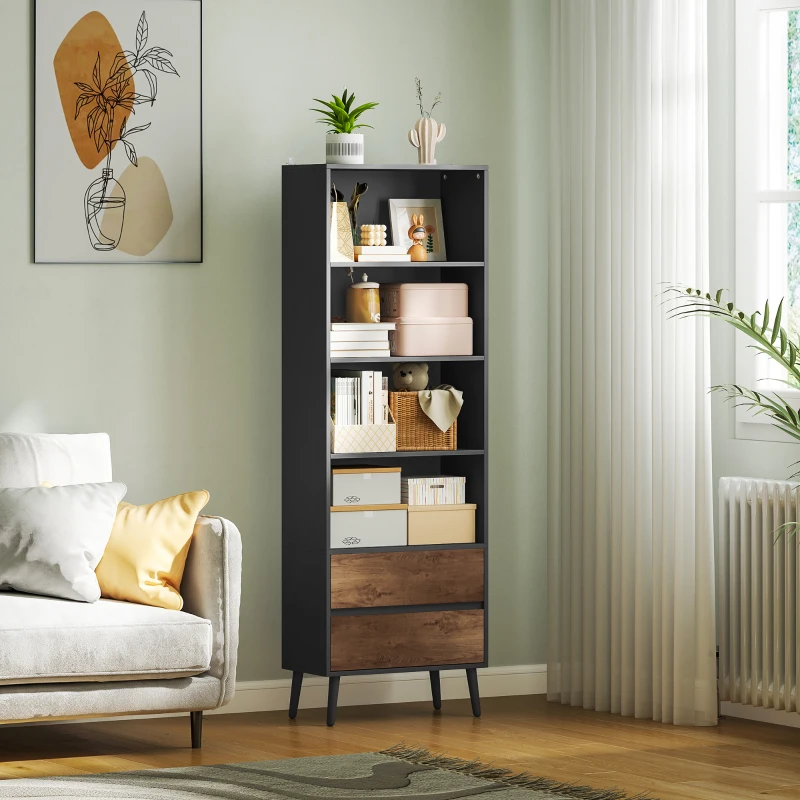 HOMCOM Bibliothèque meuble de rangement avec 4 compartiments ouverts et 2 tiroirs, 60 x 30 x 179 cm, gris