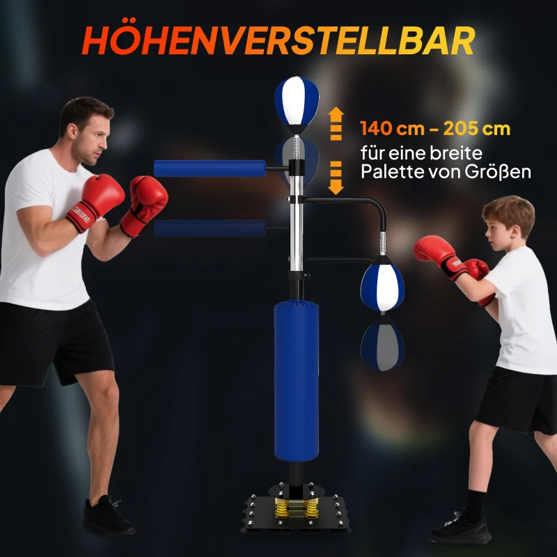 SPORTNOW Bokszakstand, twee speedballs, draaibare bokstang, kickkussen, in hoogte verstelbaar, staal, 107 x 36 x 140-205 cm, Blauw
