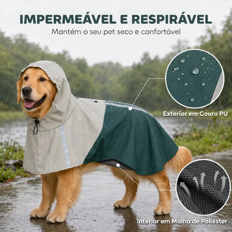 PawHut Impermeável para Cães com Capuz Verde L com Bandas Refletoras e Abertura para Trela Cães Grandes 20–30 kg, Verde