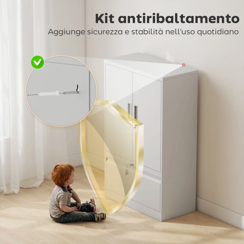 HOMCOM Mobile da Ufficio in Acciaio con Ripiano Interno Regolabile e Cassetto, 80x40x130 cm, Bianco