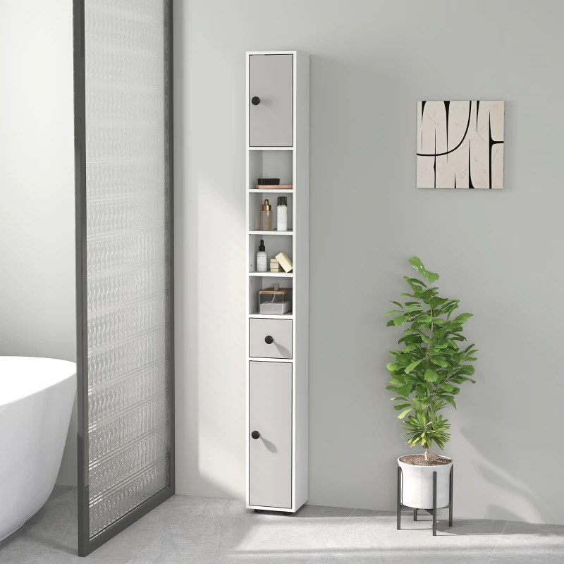 kleankin 180cm Slim Bathroom Cabinet, with Drawer, Shelves and Cupboards - Light Grey