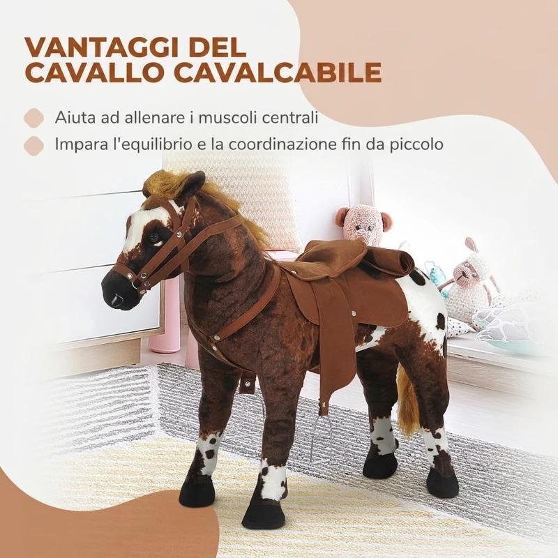 HOMCOM Cavallo Giocattolo per Bambini 2+ Anni con Nitrito, Sella e Staffe, in Peluche e Metallo, 85x28x60 cm, Marrone