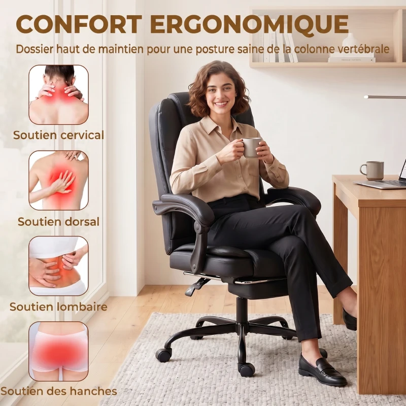 HOMCOM Chaise de bureau ergonomique, fauteuil de bureau inclinable en pu avec repose-pieds rétractable, hauteur réglable, noir