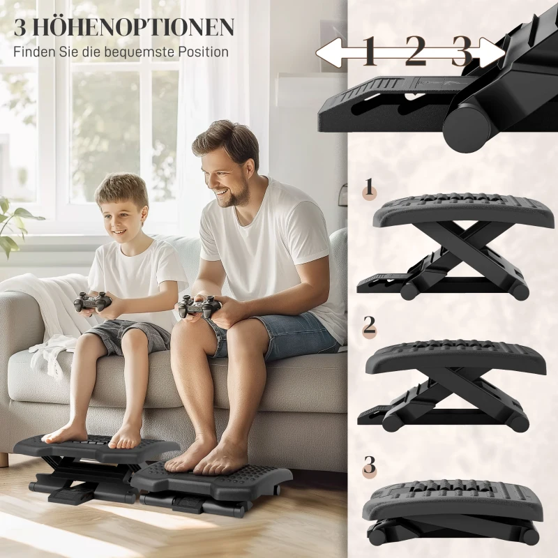 HOMCOM Ergonomische Voetensteun, Hoogteverstelbaar, Massage Oppervlak met Rollen, Zwart, 46 x 35 cm