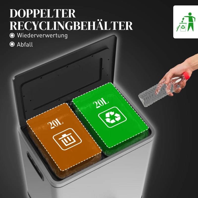 HOMCOM Prullenbak met Deksel en Voetpedaal, Roestvrij Staal, 2x 20 Liter Compartimenten, Zilver(m-4)