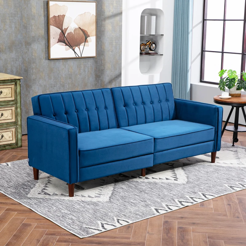 HOMCOM Velvet-Feel Three-Seater Sofa Bed - Blue