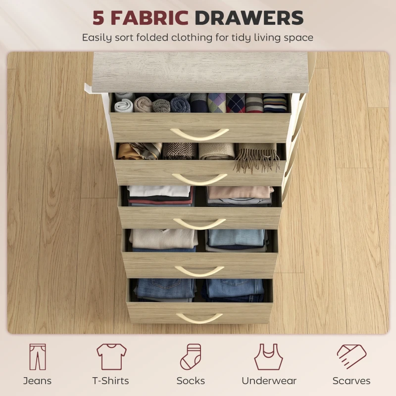 HOMCOM Chest of Drawers, Dresser with 5 Fabric Drawers, Tall Storage Unit with 4 Pockets and 2 Hooks Steel Frame, Natural Wood