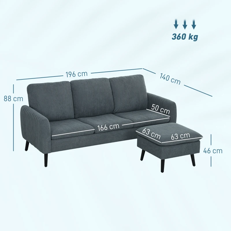 HOMCOM Hoekbank, 3-zitsbank met hocker, stoffen bekleding, L-vormige bankset, donkergrijs