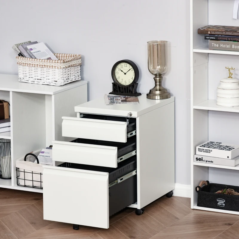 HOMCOM Caisson de bureau mobile rangement bureau sur roulettes 3 tiroirs verrouillables 39 x 48 x 60 cm blanc