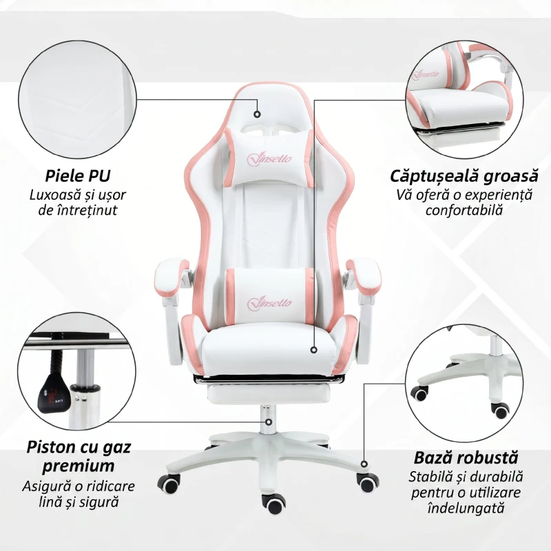 Vinsetto Scaun Da Gaming Ad Altezza Reglabil Piele Pu E Oțel Alb Roz