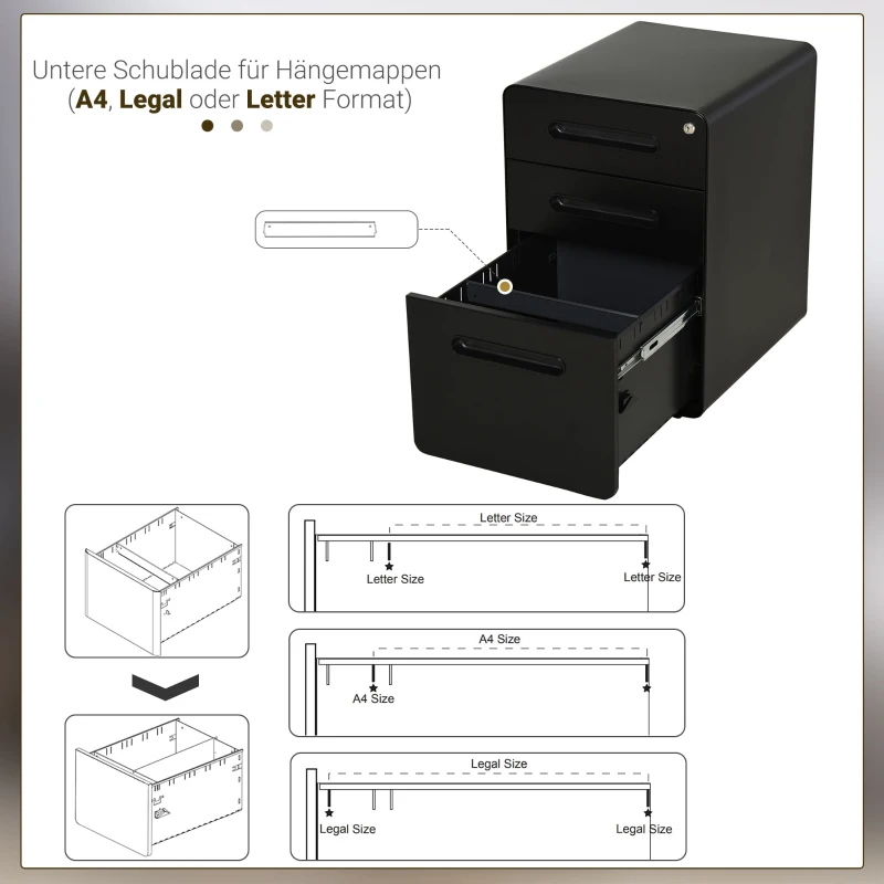 Vinsetto rolcontainer, archiefkast, kantoorcontainer met 3 laden, kantoorkast, opslag, container, staal, zwart, 39 x 48 x 59 cm
