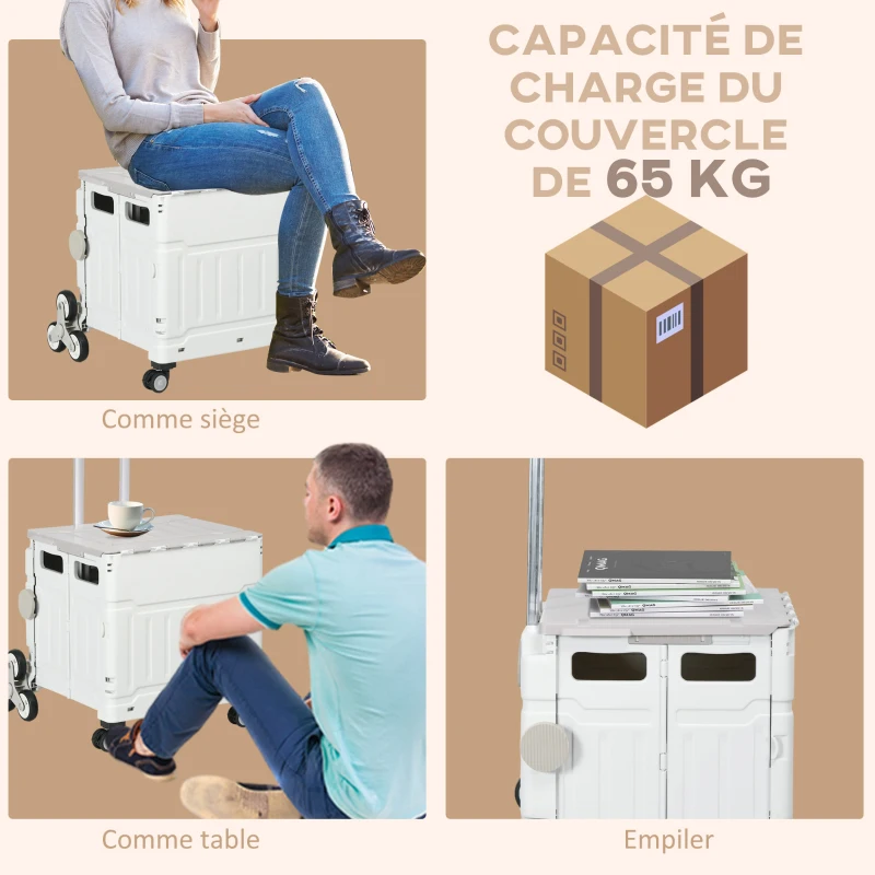 HOMCOM Chariot de courses pliable caddie de courses avec poignée télescopique réglable et couvercle charge max. 80 kg, blanc