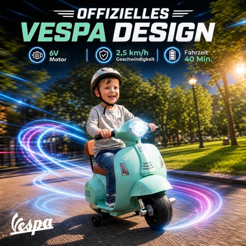 AIYAPLAY Elektrische kindermotor Mini Vespa GTS 6V met lithiumaccu, ergonomische zitting, rugleuning, 1,5-3 jaar