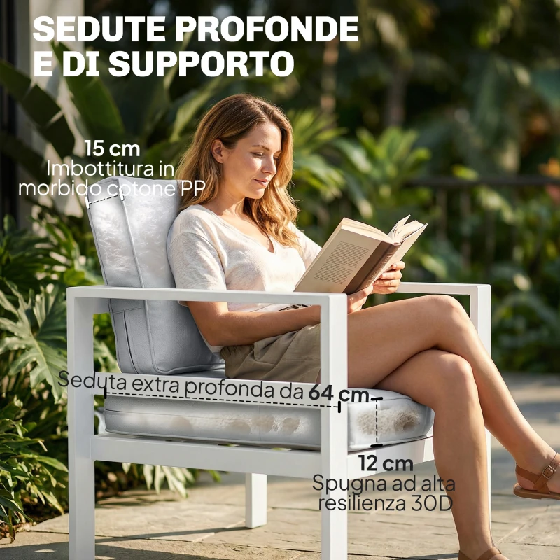 Outsunny Mobili da Giardino in Alluminio con Divano 3 Posti, 2 Sedie e Tavolo per Esterni, Bianco