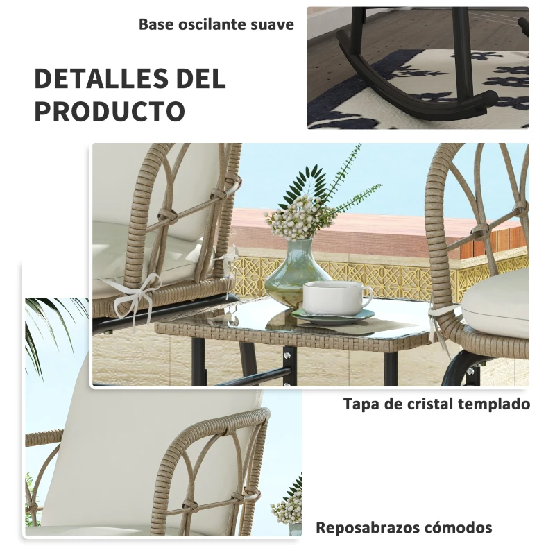 Outsunny Conjunto de Muebles de Ratán de 3 Piezas con 1 Mesa de Centro 2 Mecedoras y Cojines para Jardín Crema y Beige