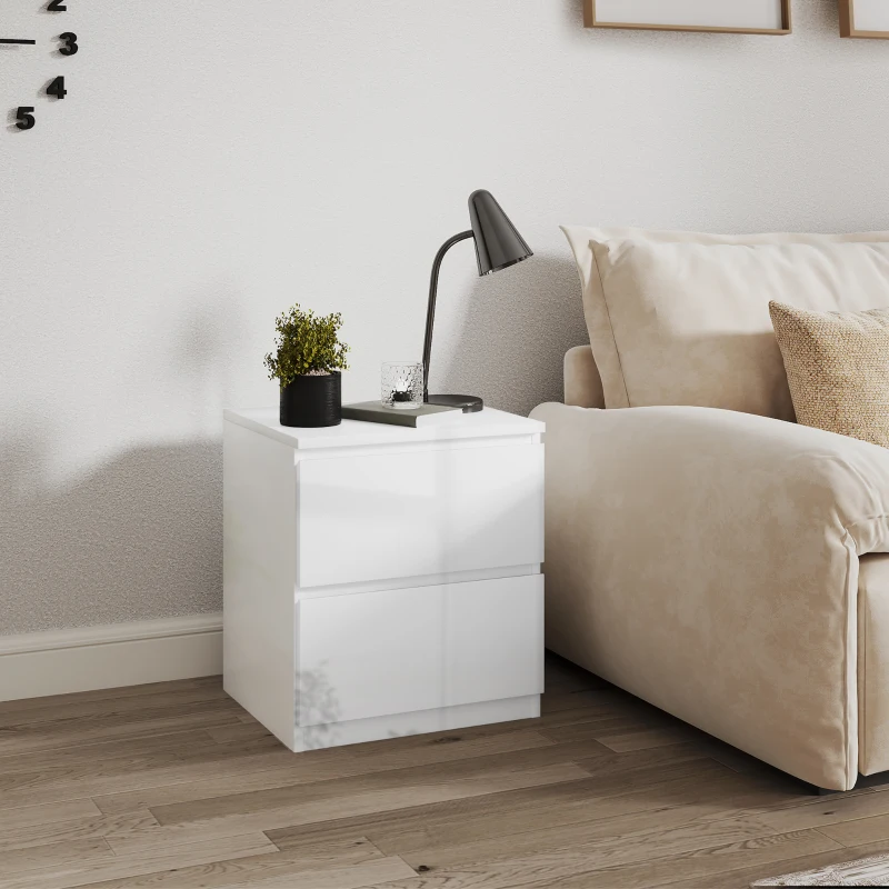 HOMCOM Mesilla de Noche con 2 Cajones Mesa de Noche para Dormitorio Salón 40x34x45 cm Blanco Brillo