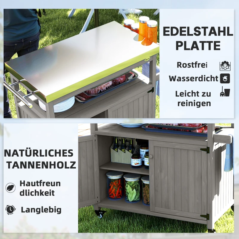 Outsunny Buitenkeukeneiland, Grillwagen met Kast en Rekken, Houten en Roestvrij Stalen Keukenwagen met Wielen, Grijs