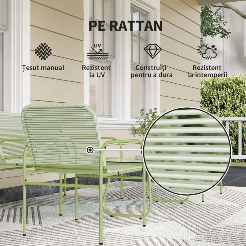 Outsunny Set Exterior din Ratan PE cu Canapea, 2 Fotolii și Măsuță cu Blat din Sticlă, Verde