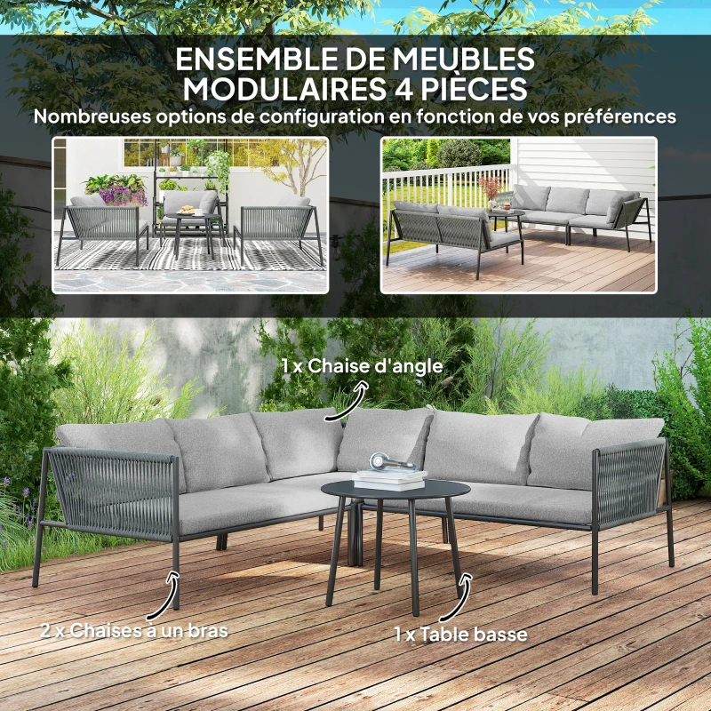 Outsunny Salon de jardin extérieur en résine tressée 5 places, table en acier et coussins inclus, gris foncé