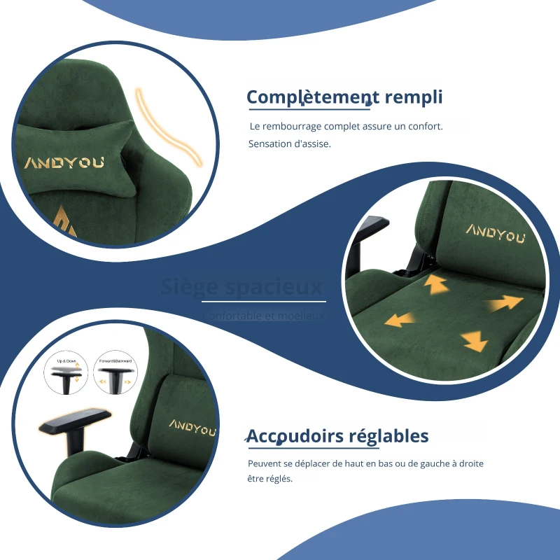 Fauteuil gaming avec repose-pieds, similicuir respirant, réglable en hauteur avec vérin à gaz, pivotant, 70x70x135 cm, Vert