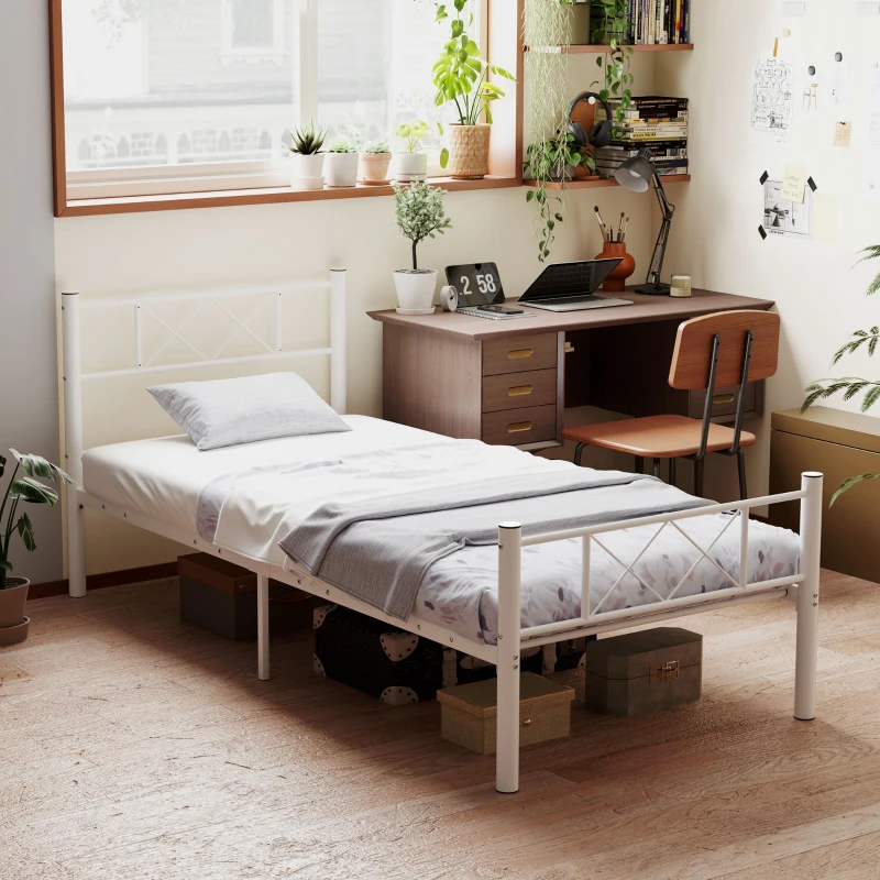 HOMCOM Eenpersoonsbedframe met Hoog Hoofdeinde, Eenvoudige Montage, Opbergruimte onder het Bed, Staal, Wit