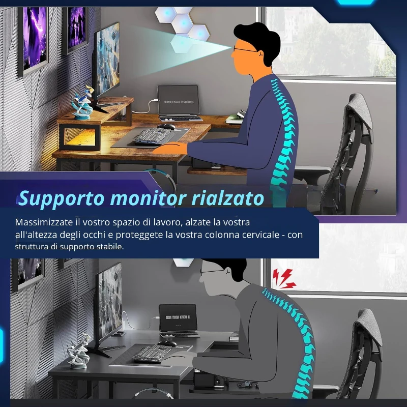 Scrivania angolare a L con LED RGB, ripiani aperti, alzata monitor ergonomica, 122x80x87,5 cm, Marrone