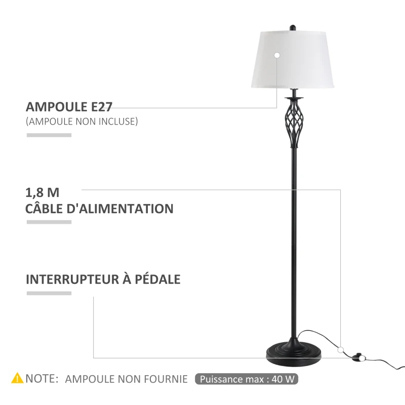 HOMCOM Lot de 3 luminaires design contemporain - lampadaire sur pied + 2 lampes de tables - métal noir polyester coton blanc