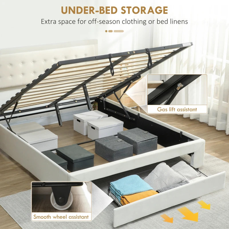 HOMCOM King Size Ottoman Bed Frame, with Front Drawer - Cream