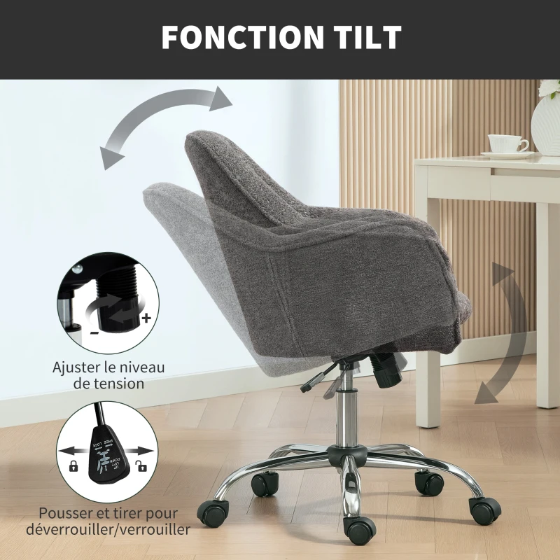 HOMCOM Chaise de bureau, fauteuil de bureau ergonomique réglable en hauteur, siège pivotante, fonction de bascule, gris