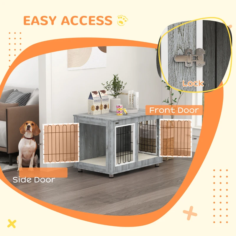 PawHut Dog Crate Furniture End Table, with Washable Cushion, Double Doors, for Medium/Large Dogs, Grey
