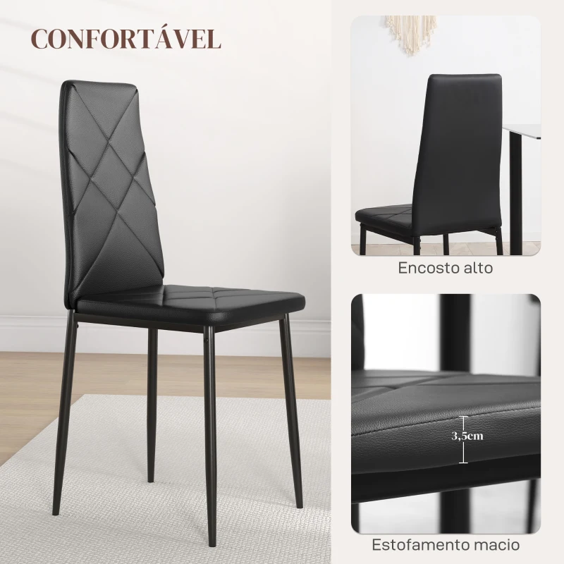 HOMCOM Conjunto de 6 Cadeiras de Sala de Jantar Estofadas em Couro Sintético com Encosto Alto e Pés de Aço 41x50x97cm Preto
